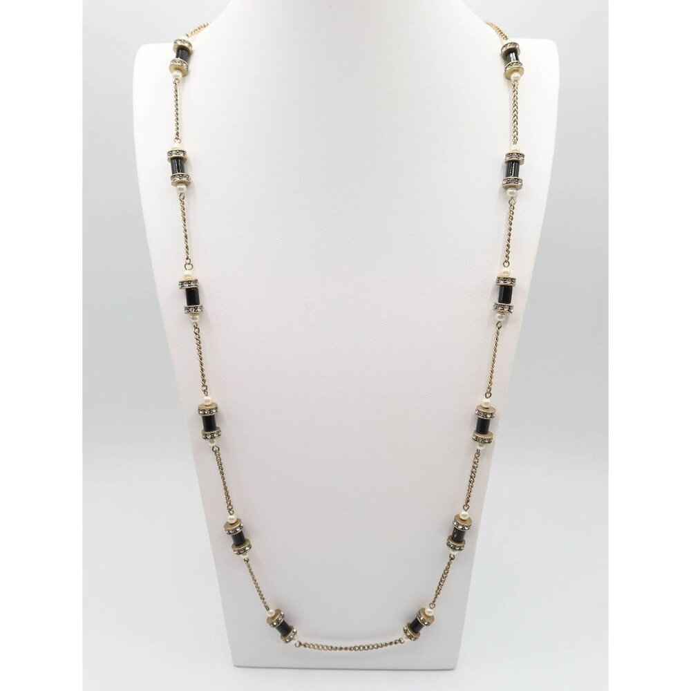 J CREW Rhinestone Faux Pearl & Cylindrical Bead Gold Tone Station Necklace